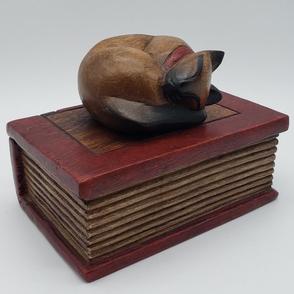 Handcrafted Wood Sleeping Cat on Book Trinket Box - Picture 13 of 14